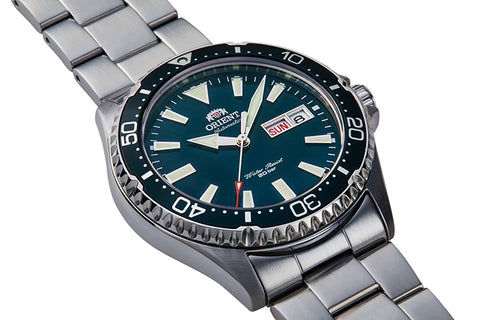 Kamasu RA-AA0004E19B |  RA-AA0004E.A green dial automatic diver watch 41.8mm case size, 200 water resistance with saphhire crystal,screw down crown fitted with a metal strap.Shop now on orientwatch.in
