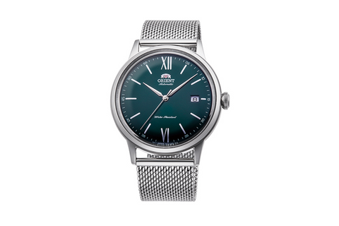 Bambino Legacy RA-AC0018E10B | RA-AC0018E. A green dial automatic dress watch of 40.5mm case size with domed dial and crystal, featuring roman hour markers at the 12 and 6 o'clock position. Shop now on orientwatch.in