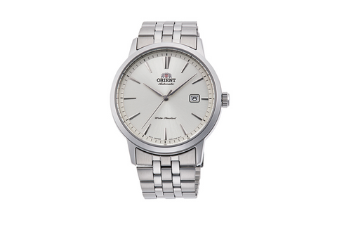 Symphony III RA-AC0F002S10B | RA-AC0F002S.A  white dial automatic dress watch of 41.6mm case size , date window and exhibition caseback fitted with a metal strap.Shop now on orientwatch.in