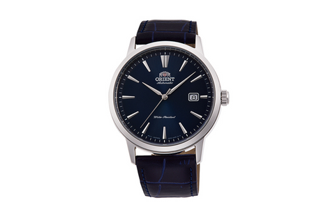 Symphony III RA-AC0F06L10B | RA-AC0F06L.A blue dial automatic dress watch of 41.6mm case size, date window and exhibition caseback fitted with a leather Strap.Shop now on orientwatch.in