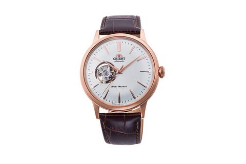 Bambino Open Heart RA-AG0001S10B | RA-AG0001S. A white dial semi skeleton automatic watch with domed dial and crystal, exhibition caseback and fitted with a leather strap. Shop now on orientwatch.in