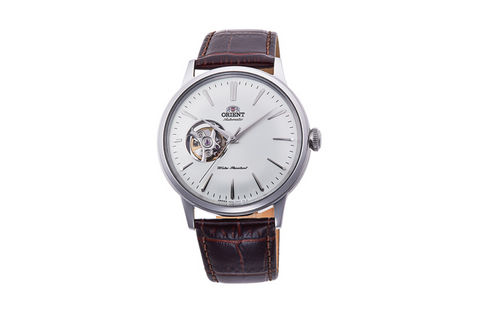 Bambino Open Heart RA-AG0002S10B | RA-AG0002S. A white dial semi skeleton automatic watch with domed dial and crystal, exhibition caseback and fitted with a leather strap. Shop now on orientwatch.in