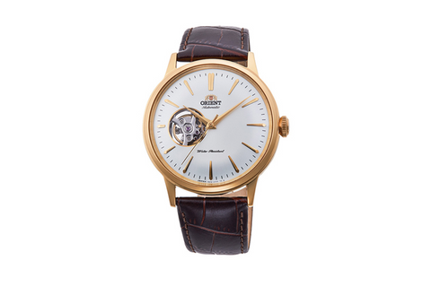 Bambino Open Heart RA-AG0003S10B | RA-AG0003S. A white dial semi skeleton automatic watch with domed dial and crystal, exhibition caseback and fitted with a leather strap. Shop now on orientwatch.in