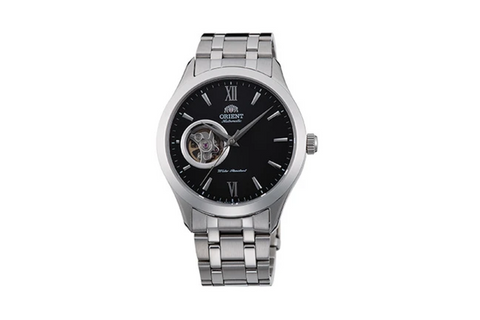 Oxford FAG03001B0 | AG03001B. Automatic dress watch with black dial and semi-skeleton feature, 38.5mm case size and sapphire crystal with a stainless steel bracelet. Shop now on orientwatch.in