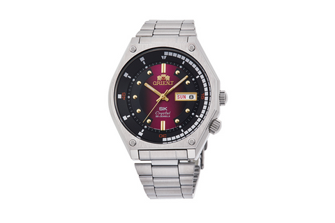 Sk Diver Retro RA-AA0B02R19B | RA-AA0B02R. A maroon dial automatic retro style watch of 41.7mm case size, day, date indicators fitted with a metal strap.Shop now on orientwatch.in