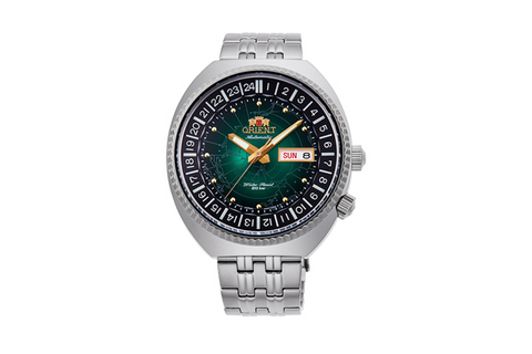 World Map RA-AA0E02E19B | RA-AA0E02E.A green dial automatic dive watch incorporating world map feature in a of 43.5mm case size with 200mm water resistance, day and date indicator. Shop now on orientwatch.in