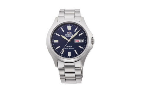 Tri Star RA-AB0F09L19B | RA-AB0F09L. A blue dial automatic dress watch of 40mm case size, date, day aperture fitted on a metal strap.Shop now on orientwatch.in