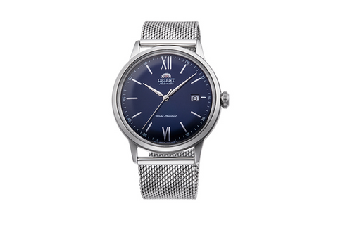 Bambino Legacy RA-AC0019L10B | RA-AC0019L. A blue dial automatic dress watch of 40.5mm case size with domed dial and crystal, featuring roman hour markers at the 12 and 6 o'clock position. Shop now on orientwatch.in