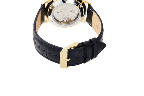Maestro RA-AC0E03S10B | RA-AC0E03S black leather strap fitted with gold color buckle.