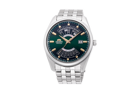 Multi year calendar RA-BA0002E10B | RA-BA0002E. A green dial automatic watch incorporating day, date, month and 20 year calendar in a 43.5mm case fitted with a metal strap. Shop now on orientwatch.in